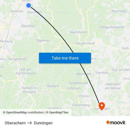 Oberachern to Dunningen map