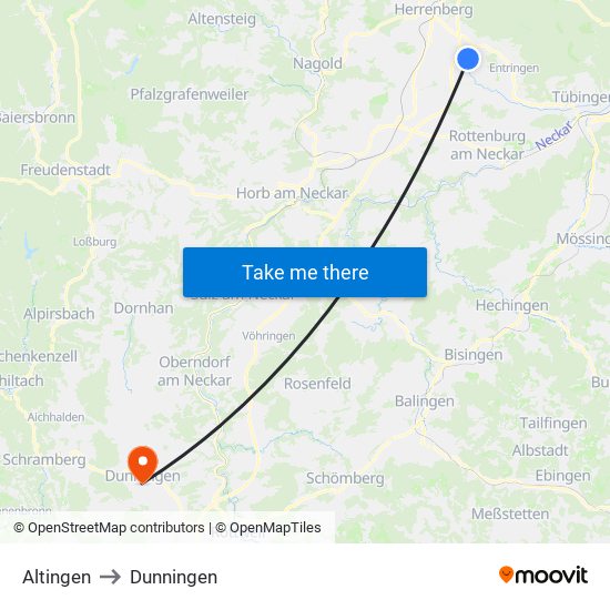 Altingen to Dunningen map