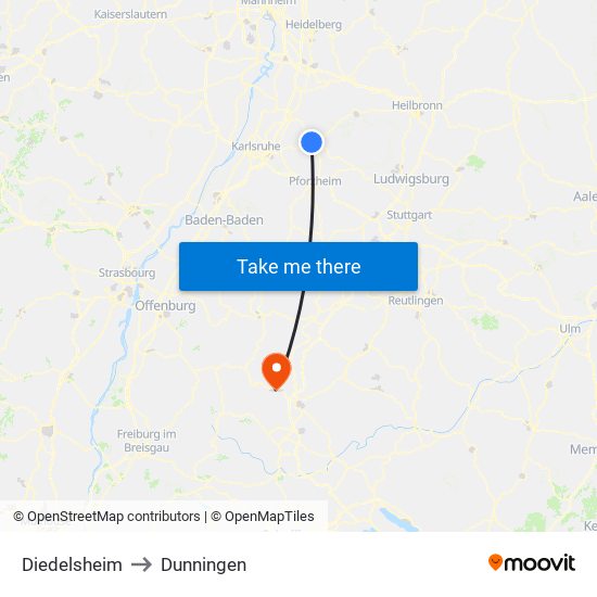 Diedelsheim to Dunningen map