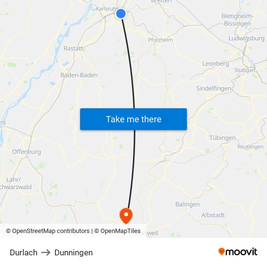 Durlach to Dunningen map