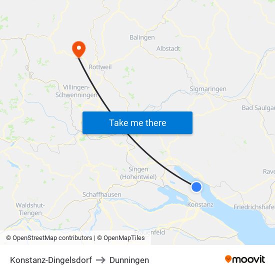 Konstanz-Dingelsdorf to Dunningen map