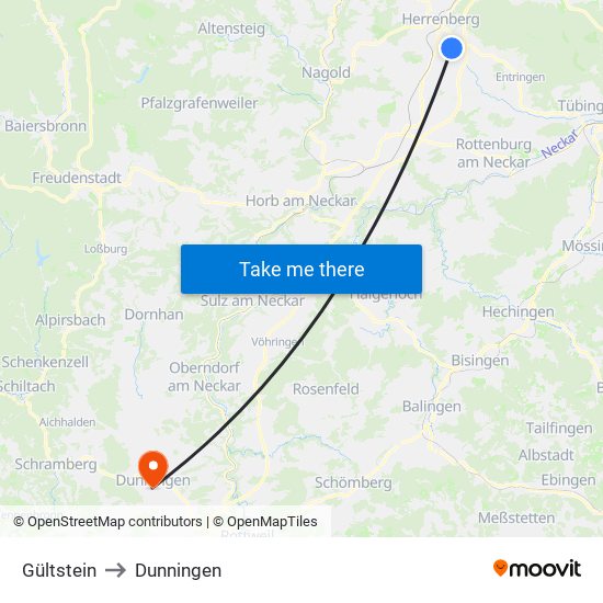 Gültstein to Dunningen map