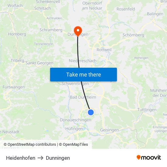 Heidenhofen to Dunningen map