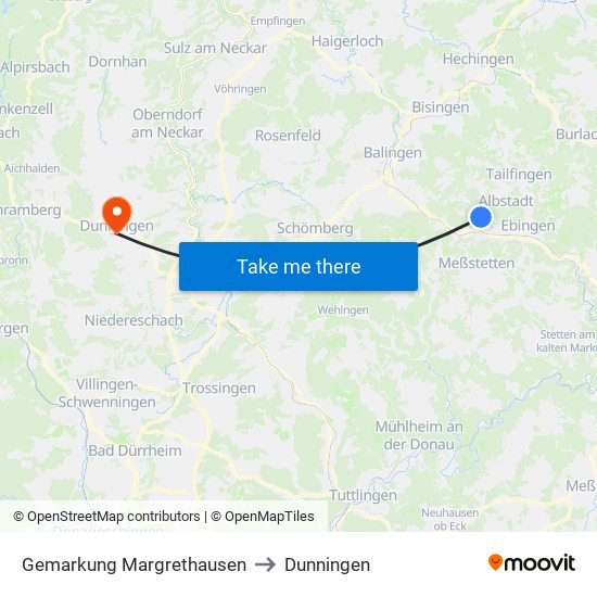 Gemarkung Margrethausen to Dunningen map