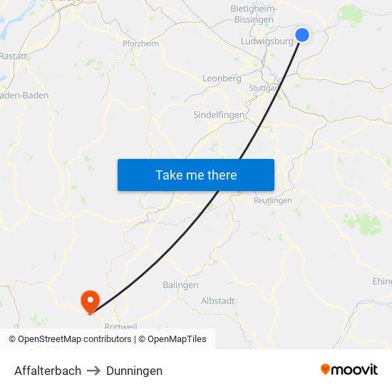 Affalterbach to Dunningen map