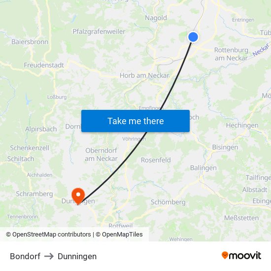 Bondorf to Dunningen map