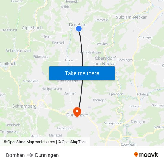 Dornhan to Dunningen map