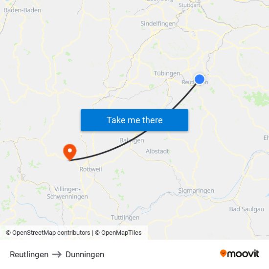 Reutlingen to Dunningen map