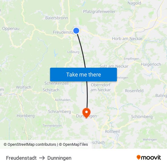 Freudenstadt to Dunningen map