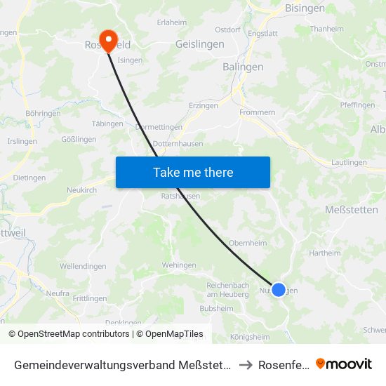 Gemeindeverwaltungsverband Meßstetten to Rosenfeld map