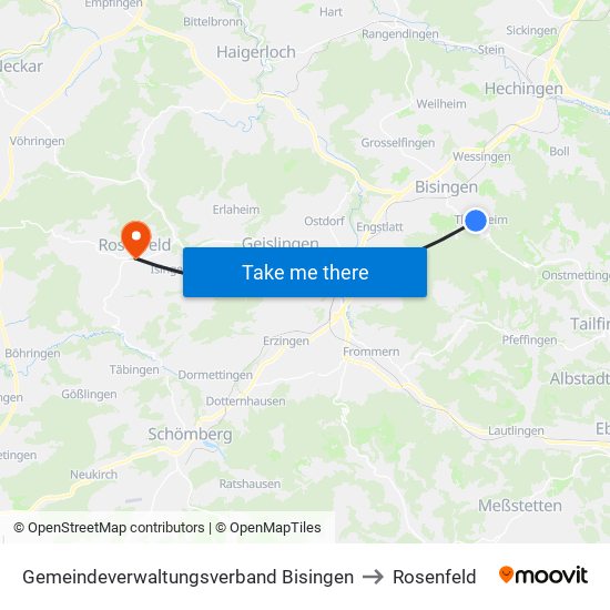 Gemeindeverwaltungsverband Bisingen to Rosenfeld map