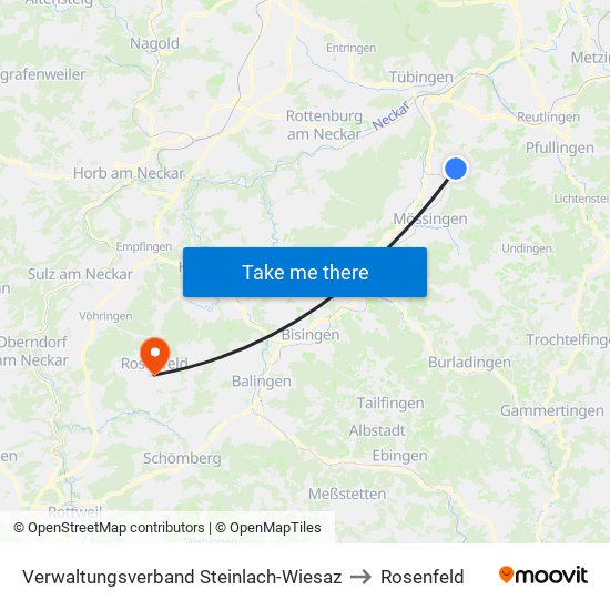 Verwaltungsverband Steinlach-Wiesaz to Rosenfeld map