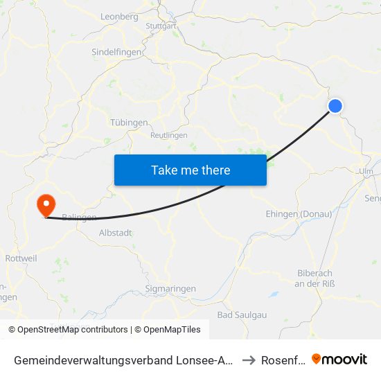 Gemeindeverwaltungsverband Lonsee-Amstetten to Rosenfeld map