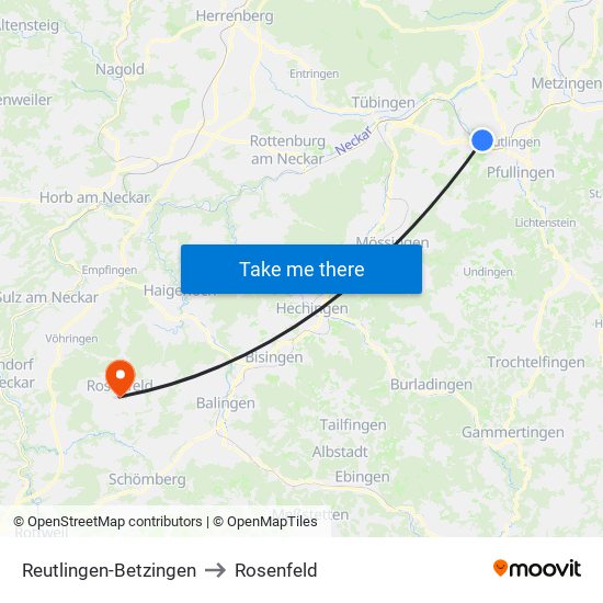 Reutlingen-Betzingen to Rosenfeld map