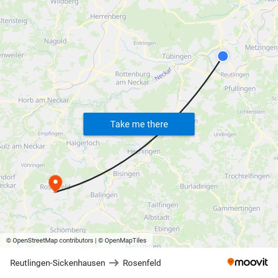 Reutlingen-Sickenhausen to Rosenfeld map