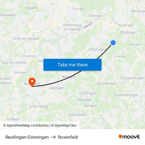 Reutlingen-Gönningen to Rosenfeld map