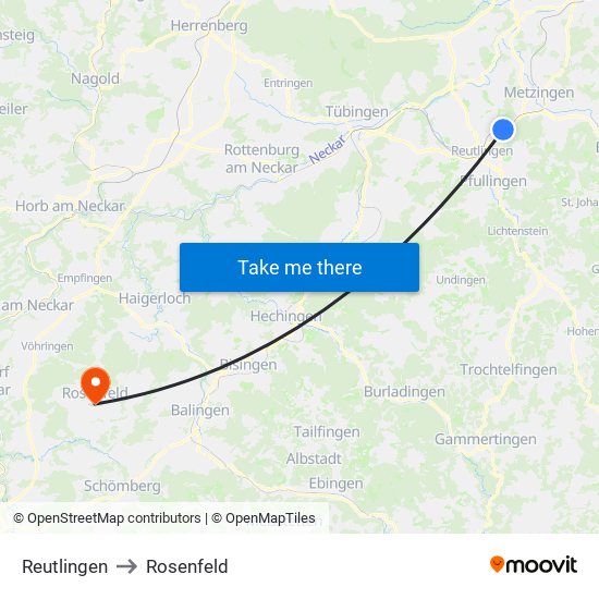 Reutlingen to Rosenfeld map