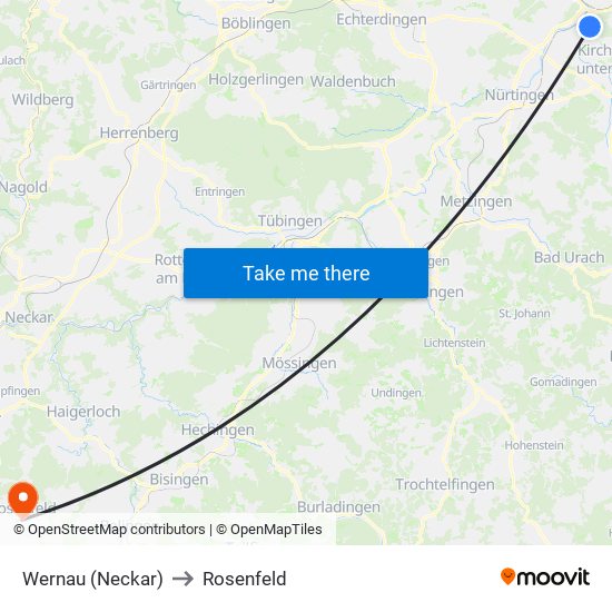 Wernau (Neckar) to Rosenfeld map