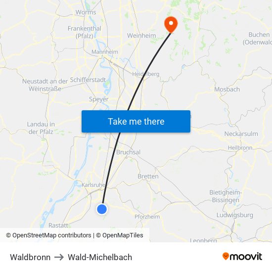 Waldbronn to Wald-Michelbach map