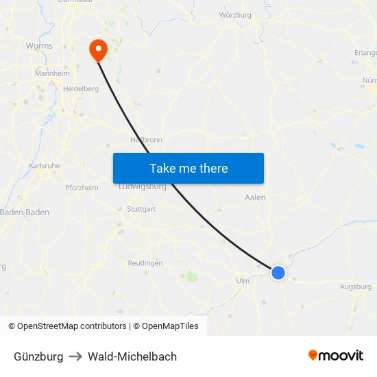 Günzburg to Wald-Michelbach map