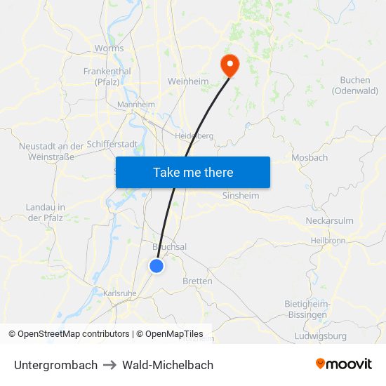 Untergrombach to Wald-Michelbach map