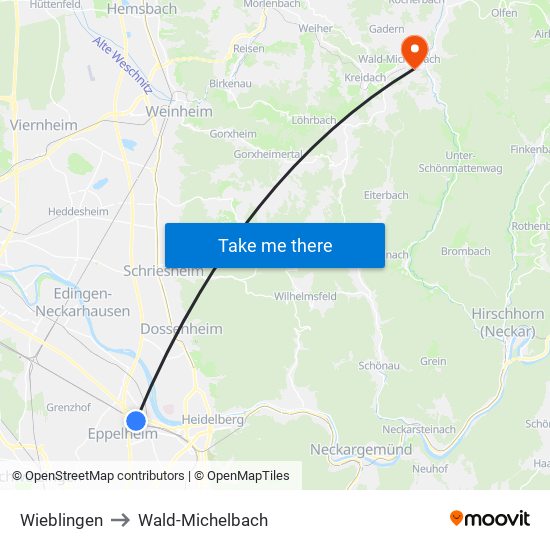 Wieblingen to Wald-Michelbach map