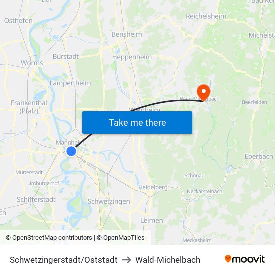 Schwetzingerstadt/Oststadt to Wald-Michelbach map