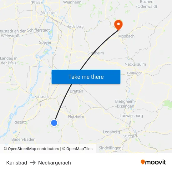 Karlsbad to Neckargerach map