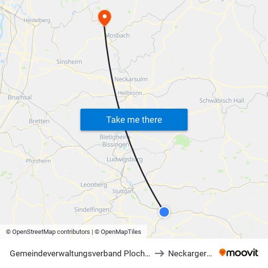 Gemeindeverwaltungsverband Plochingen to Neckargerach map