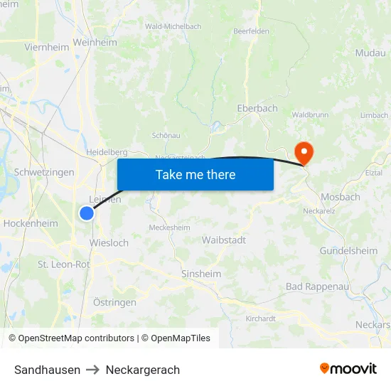 Sandhausen to Neckargerach map