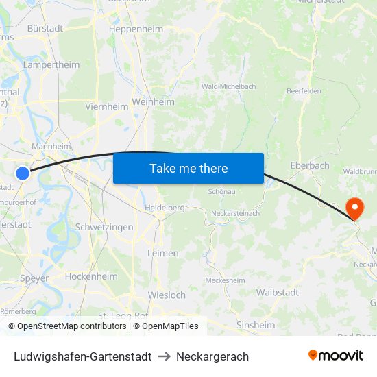 Ludwigshafen-Gartenstadt to Neckargerach map