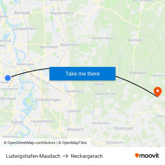 Ludwigshafen-Maudach to Neckargerach map