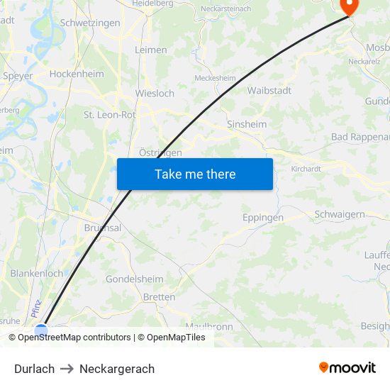 Durlach to Neckargerach map