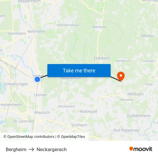 Bergheim to Neckargerach map