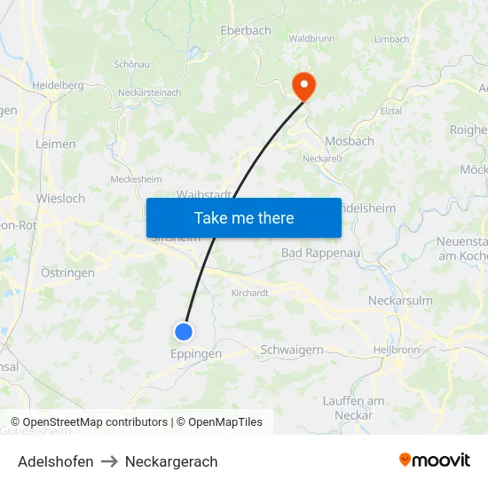 Adelshofen to Neckargerach map