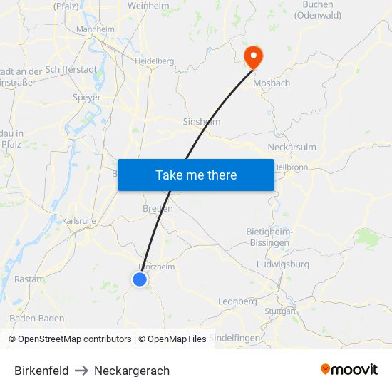 Birkenfeld to Neckargerach map