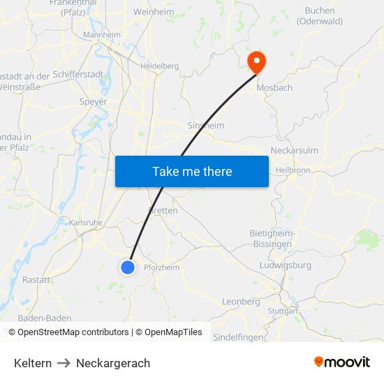 Keltern to Neckargerach map