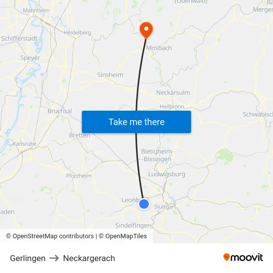 Gerlingen to Neckargerach map