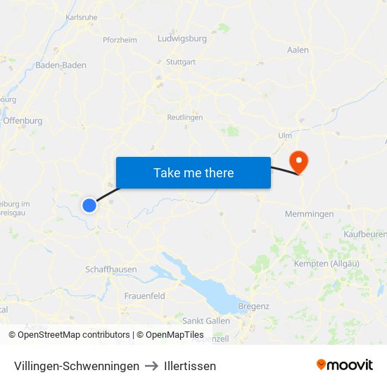 Villingen-Schwenningen to Illertissen map