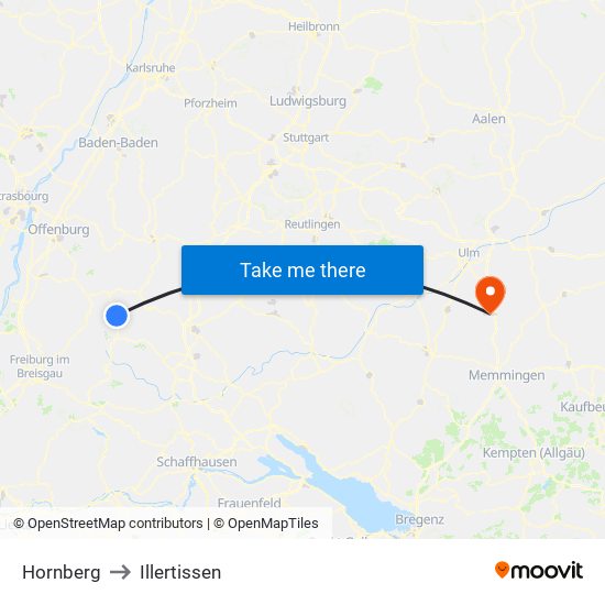 Hornberg to Illertissen map