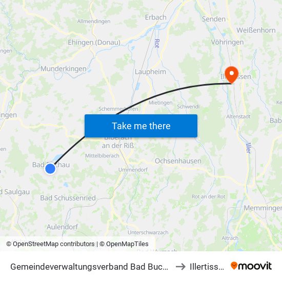 Gemeindeverwaltungsverband Bad Buchau to Illertissen map