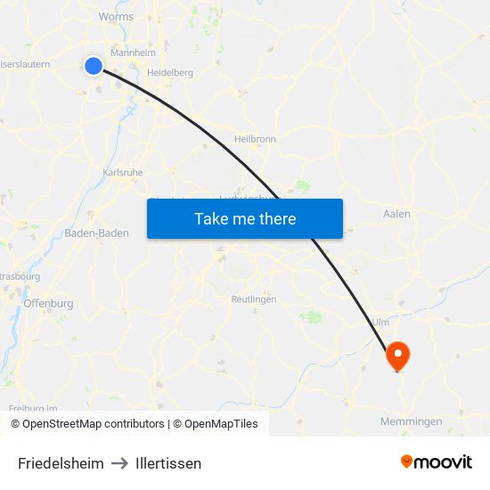 Friedelsheim to Illertissen map