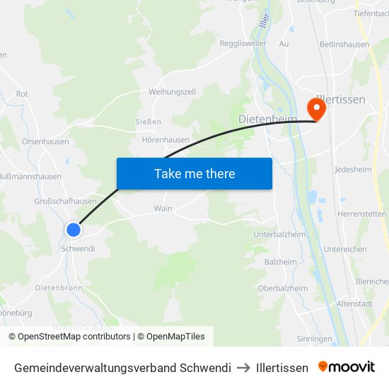 Gemeindeverwaltungsverband Schwendi to Illertissen map