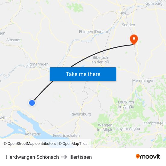 Herdwangen-Schönach to Illertissen map