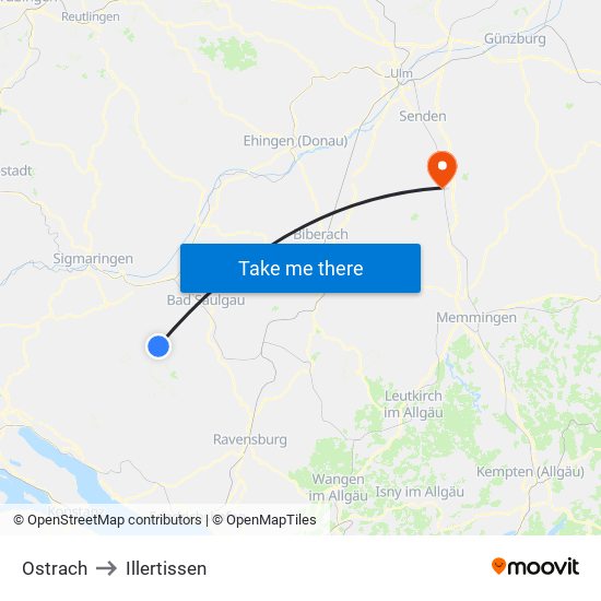 Ostrach to Illertissen map