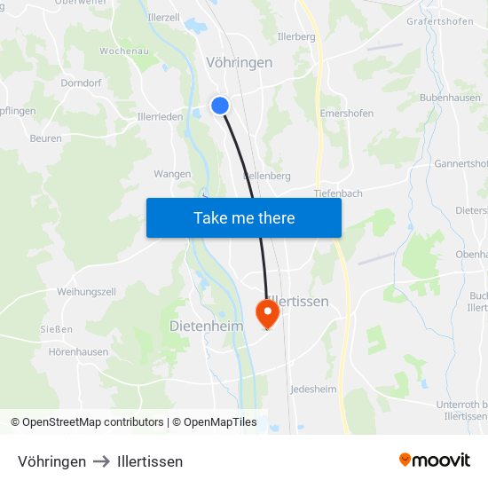 Vöhringen to Illertissen map