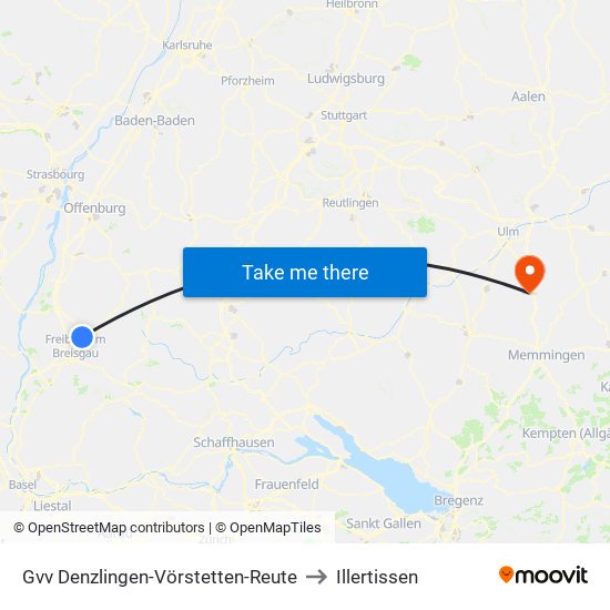 Gvv Denzlingen-Vörstetten-Reute to Illertissen map