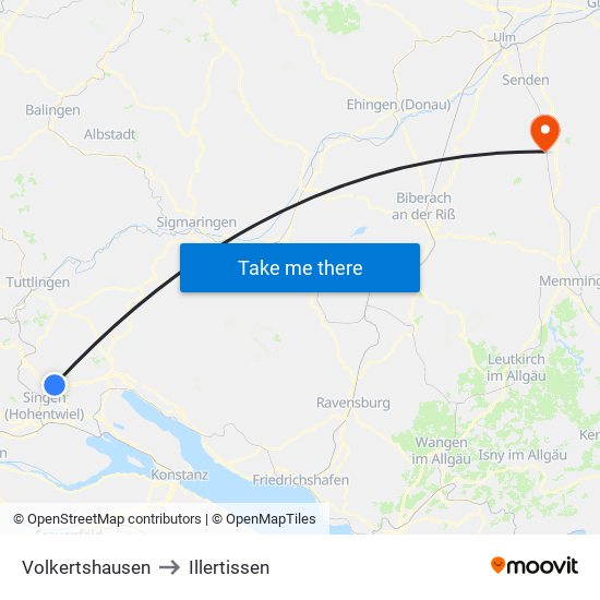 Volkertshausen to Illertissen map