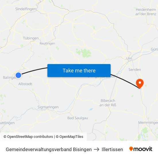 Gemeindeverwaltungsverband Bisingen to Illertissen map