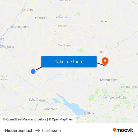 Niedereschach to Illertissen map